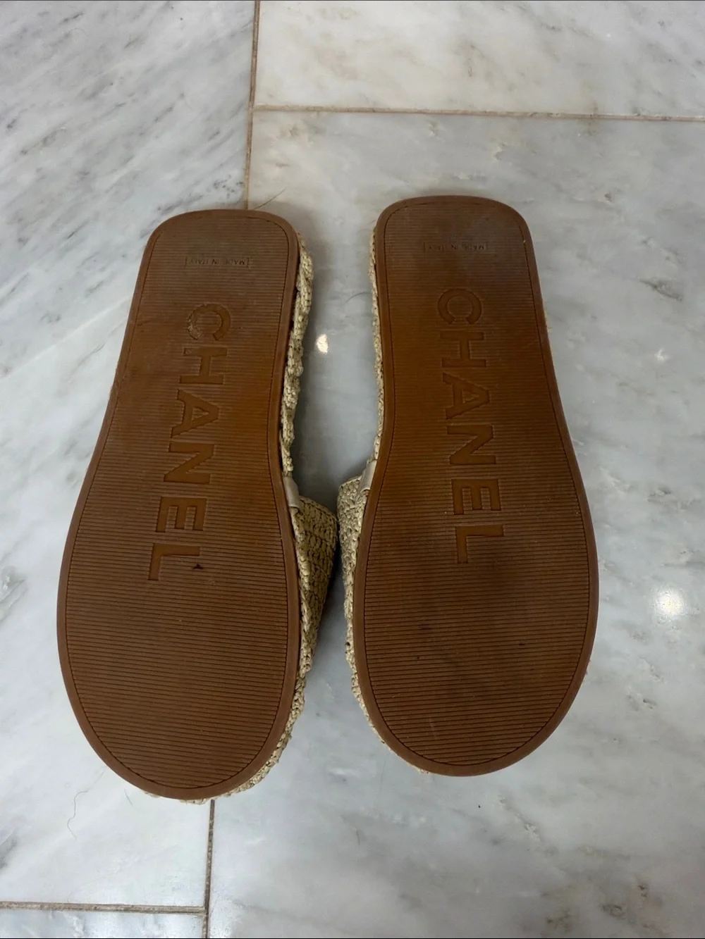 CHANEL Beige Raffia CC Slide Mules with Gold Logo Detail